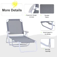 Outsunny Folding Lounge Chair, Portable Outdoor Chaise Lounge, Sun Tanning Chair with 4-Position Reclining Back, Armrests, Metal Frame and Mesh Fabric for Beach, Yard, Patio, Gray(m-4)