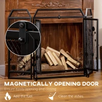 HOMCOM 3-Panel Metal Fireplace Mesh Screen Home Folded Steel Spark Protection with Magnetic Doors 49.25" x 31.5", Black(m-7)