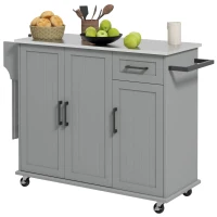HOMCOM Kitchen Island with Wheels, Kitchen Island on Wheels with Drawer, 3 Cabinets, Stainless Steel Countertop, Gray(m-1)