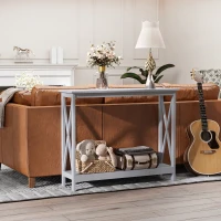 HOMCOM 2 Tier X-Design Console Table Sofa Side Table w/Storage Shelf for Living Room Entryway, Grey(m-8)