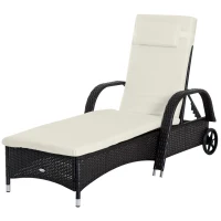 Outsunny Wicker Outdoor Chaise Lounge, 5-Level Adjustable Backrest PE Rattan Pool Lounge Chair with Wheels, Cushion & Headrest, Dark Coffee and Cream White(m-11)