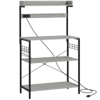 HOMCOM Kitchen Baker's Rack with Power Outlet, Coffee Bar Station with Adjustable Shelves and Hooks, Distressed Grey(m-2)