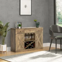 HOMCOM Farmhouse Coffee Bar Cabinet, Wine Cabinet with 3 Drawers, Sideboard Buffet Cabinet with X-Shaped Wine Rack and Stemware Holder, Rustic Oak Grain(m-10)