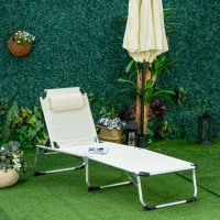 Outsunny Folding Lounge Chair Outdoor 5-Level Reclining Chaise Lounge Chair Outdoor Camping Tanning Chair with Aluminum Frame, Padding, and Headrest for Beach, Yard, Patio, Pool, White(m-10)