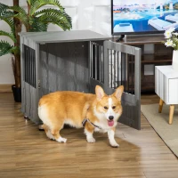 PawHut Dog Crate Furniture, Wooden End Table Furniture with Lockable Magnetic Doors, Small Size Pet Kennel Indoor Animal Cage, Gray(m-10)