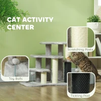 PawHut 2 in 1 Cat Tree 3 Steps Pet Stairs with Scratching Posts, Tickling Post, Toy Balls, for Bed, Couch, Sofa, Light Grey(m-5)