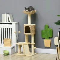 PawHut Cat Tree for Indoor Cats w/ Scratching Posts, Condo Cat Tower, Beige(m-2)