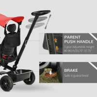 Qaba Kids Tricycle 4 In 1 Trike with Reversible Angle Adjustable Seat Removable Handle Canopy Handrail Belt Storage Footrest Brake Clutch for 1-5 Years Old Red(m-5)