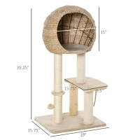 PawHut Cat Tree with Sisal Scratching Post Condo and Hanging Rope 39" H, Beige(m-3)
