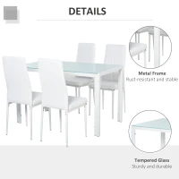 HOMCOM 5-Piece Rectangular Glass Kitchen Table and Chairs with Metal Frame and Faux Leather Upholstery for Dining Room, White(m-7)