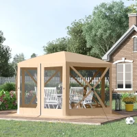 Outsunny 12' x 12' Hexagon Automatic Pop Up Screen Tents Camping Shelter Picnic Canopy Outdoor Sun Shade w/ Mesh Sidewalls and Carry Bag Beige(m-1)