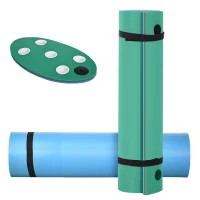 Soozier 12' x 5' Lily Pad Floating Mat with Cup Holder Table, 3-Layer Portable Roll-Up Water Mat Float Dock for 2-3 People, on Lake, River, Beach, Swimming Pool, Green(m-11)