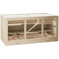 PawHut Wooden Hamster Cage Rat Cage with Slide, Tray, Natural Wood(m-2)