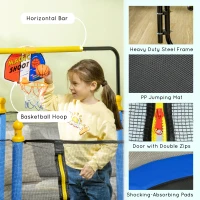 Qaba Kids Trampoline with Net, Basketball Hoop, Horizontal Bar Indoor, Blue(m-6)