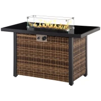 Outsunny 43in Outdoor Propane Gas Fire Pit Table, 50,000 BTU Auto-Ignition Wicker Gas Firepit with Glass Wind Guard, Blue Glass Rock, CSA Certification, Brown(m-11)