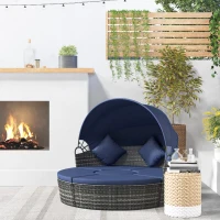 Outsunny 4-piece Cushioned Outdoor Rattan Wicker Sunbed or Conversational Sofa Set with Sun Canopy, Dark Blue(m-2)