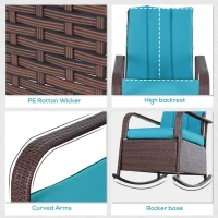 Outsunny Outdoor Wicker Rocking Chair Patio PE Rattan Recliner Chair with Cushion, Adjustable Footrest, Armrests, Turquoise(m-7)