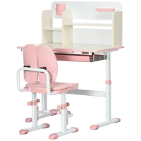 Qaba Kids Desk and Chair Set with Hand Crank, Tilted Desktop, Height Adjustable Student Writing Desk & Chair with Adaptive Seat Back, Footrest, Bookshelf, Drawer, Pen Holder, Pink(m-11)