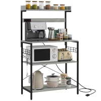 HOMCOM Kitchen Baker's Rack with Power Outlet, Coffee Bar Station with Adjustable Shelves and Hooks, Distressed Grey(m-11)