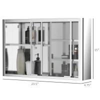 kleankin 24'' x 15'' Wall Mounted Bathroom Medicine Cabinet Sliding Door with Storage Shelves, Stainless Steel, Silver(m-3)
