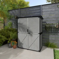 Outsunny Wood Storage Shed, Outdoor Garden Shed with Asphalt Roof, 2 Shelves, Lockable Doors and Adjustable Feet, Gray(m-9)