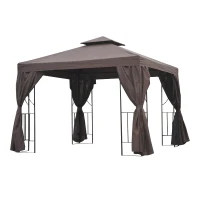 Outsunny 10' x 10' Patio Gazebo Outdoor, Canopy Shelter with Double-tier Roof, Pavilion Sidewalls for Garden Events, Brown(m-11)
