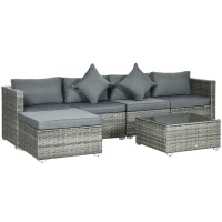Outsunny 6 Pieces Outdoor PE Rattan Wicker Patio Furniture Sofa Set with Thick Cushions, Deluxe Garden Sectional Couch with Glass Top Table, Mixed Grey and Dark Grey(m-2)