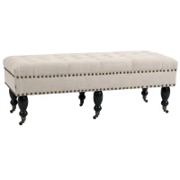 HOMCOM Mobile End of Bed Bench, Upholstered Bedroom Entryway Bench with Button-Tufted, Accent Ottoman with Nailhead Trim and Wheels, Beige(m-11)