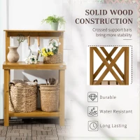 Outsunny 2-Level Outdoor Potting Bench, Wooden Potting Table with Storage Shelf and Top Hooks for Greenhouse, Garden, Patio(m-6)