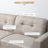 HOMCOM 3-Seater Sofa, Mid-Century Linen Couch with Upholstered Seat, Button-Tufted Back Cushion and Rubber Wood Legs for Living Room, Bedroom, Beige(m-4)