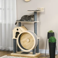 PawHut 56" Cat Tree Activity Condo Luxury Pine Wood  with Hamster-Wheel, Sisal Scratching Posts, Elevated Perches, & Roomy Interior(m-2)