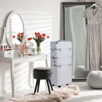 HOMCOM Pro 3 in 1 Portable Aluminum Makeup Cases Rolling Cosmetic Organizer Box, Black (Silver)(m-1)