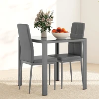 HOMCOM 3-Piece Rectangular Glass Kitchen Table and Chairs with Metal Frame and Faux Leather Upholstery for Dining Room, Grey(m-7)
