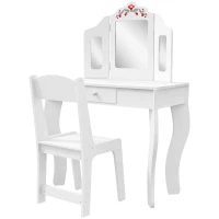 Qaba Kids Vanity Set, Dual-Use Dressing Table with Removable Tri-Folding Mirror and Drawer, for Ages 3-8, White(m-2)