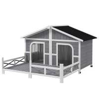 PawHut 59"x64"x39" Wood Dog House Outdoor Cabin-Style Elevated Pet Shelter with Porch Deck, Grey(m-11)