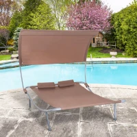 Outsunny 79" Outdoor Lounge Chair with Canopy, Double Chaise Lounger Hammock Bed w/ Pillow and Wheels, Brown(m-8)