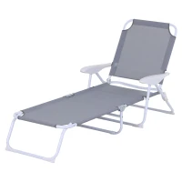 Outsunny Folding Lounge Chair, Portable Outdoor Chaise Lounge, Sun Tanning Chair with 4-Position Reclining Back, Armrests, Metal Frame and Mesh Fabric for Beach, Yard, Patio, Gray(m-11)