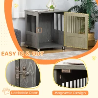 PawHut Dog Crate Furniture, Wooden End Table Furniture with Lockable Magnetic Doors, Small Size Pet Kennel Indoor Animal Cage, Gray(m-6)
