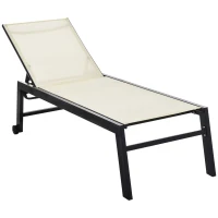 Outsunny Outdoor Lounge Chair, Patio Lounger with 5-Position Reclining Backrest and 2 Wheels for Poolside, Beach, Lawn, Cream White(m-11)