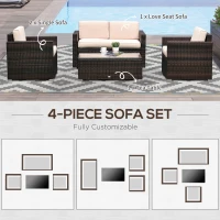 Outsunny 4 Piece Wicker Patio Furniture Set with Cushions, Outdoor Sectional Furniture with 2 Sofa, Loveseat, and Glass Top Coffee Table, Conversation Sofa Sets for Garden, Beige(m-5)