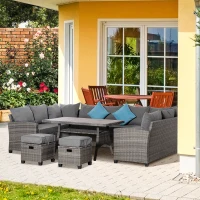 Outsunny 6 Piece Patio Furniture Set, PE Wicker Outdoor Furniture Conversation Set with 3 Sofas, 2 Ottomans and Slatted WPC Top Dining Table, All Weather Sectional Sofa Couch with Pillows, Gray(m-10)