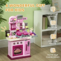 Qaba Kids Play Kitchen with Lights, Sounds, 33 Accessories & Storage for Toddler 3-6 Years(m-8)