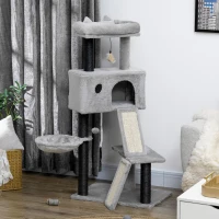 PawHut 47" Cat Tree for Indoor Cats, Kitty Activity Center, Cat Tower with Cat Ear Bed Ramp Condo Hammock Hanging Ball Toys Sisal Rope Scratching Post, Light Grey(m-7)