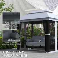 Outsunny 3-Seat Patio Swing Chair, Outdoor Gazebo Swing with Double Tier Canopy, Mesh Sidewalls, Cushioned Seat and Pillows, Gray(m-7)