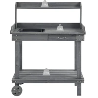 Outsunny 36" Wooden Potting Bench Work Table with 2 Removable Wheels, Sink, Drawer & Large Storage Spaces, Gray(m-7)