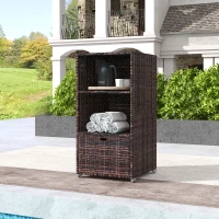 Outsunny Outdoor Storage Cabinet, Patio Storage Box Rack Rattan Wicker Pool Towel Valet Organizer Poolside Garden Lawn Bathroom Furniture Shelf w/ Shelf Drawer, Mixed Brown(m-8)