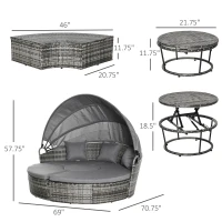 Outsunny 4 Piece Round Rattan Daybed, Convertible Patio Furniture Set, Adjustable Sun Canopy, Sectional Outdoor Sofa, 2 Chairs, Extending Tea Table Ottoman Chair, 3 Pillows, Gray(m-3)