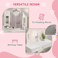 Qaba Kids Vanity Set, Dual-Use Dressing Table with Removable Tri-Folding Mirror and Drawer, for Ages 3-8, White(m-6)