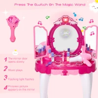 Qaba Children Dressing Table Set Girls Pretend Princess Vanity Table Chair with Music and Lightening Cosmetic Mirror Hair Dryer Nail Polish Necklace Bracelet(m-5)