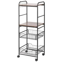 HOMCOM 4 Tier Rolling Kitchen Cart, Utility and Industrial Storage Cart with 2 Basket Drawers, Side Hooks for Dining Room, Walnut(m-11)